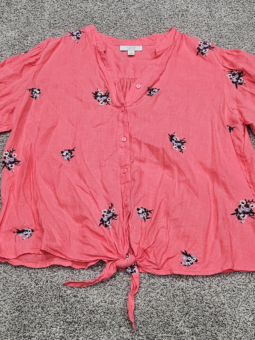Linen Charter Club Coral Button-Front Tie Blouse with Floral Embroidery
